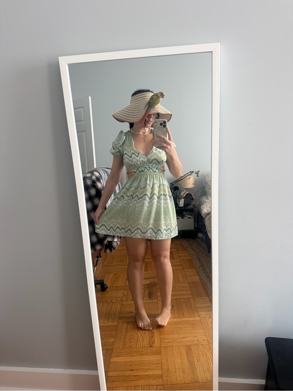 Summer Sage Mini Dress with Puff Sleeves